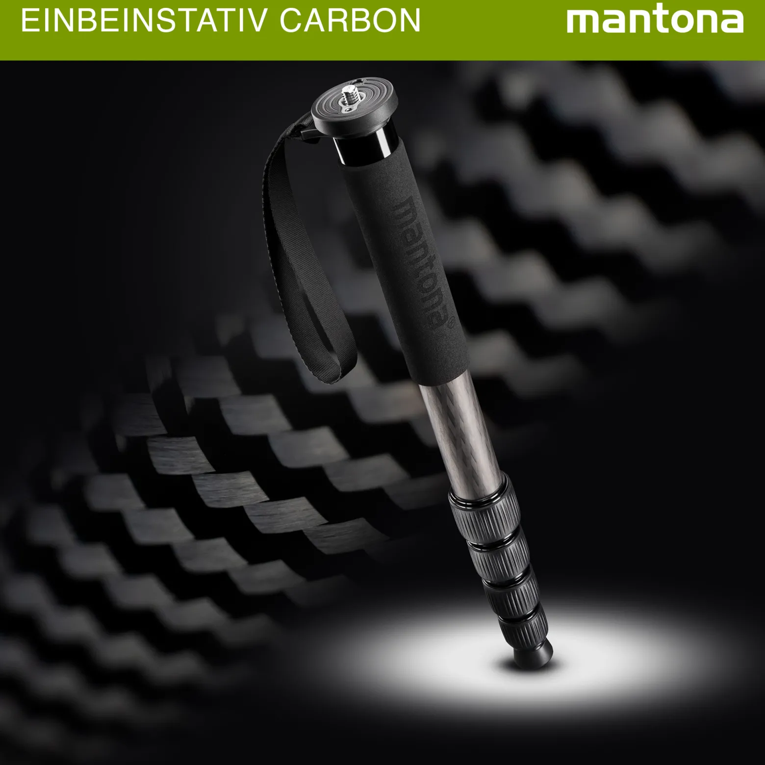 Mantona Einbeinstativ Pro ONE 165C aus ultraleichtem Carbon schwarz, Stativ höhenverstellbar 44-165 cm, praktische Schaumstoffummantelung & Handschlaufe, kompakt & belastbar mit Zubehör