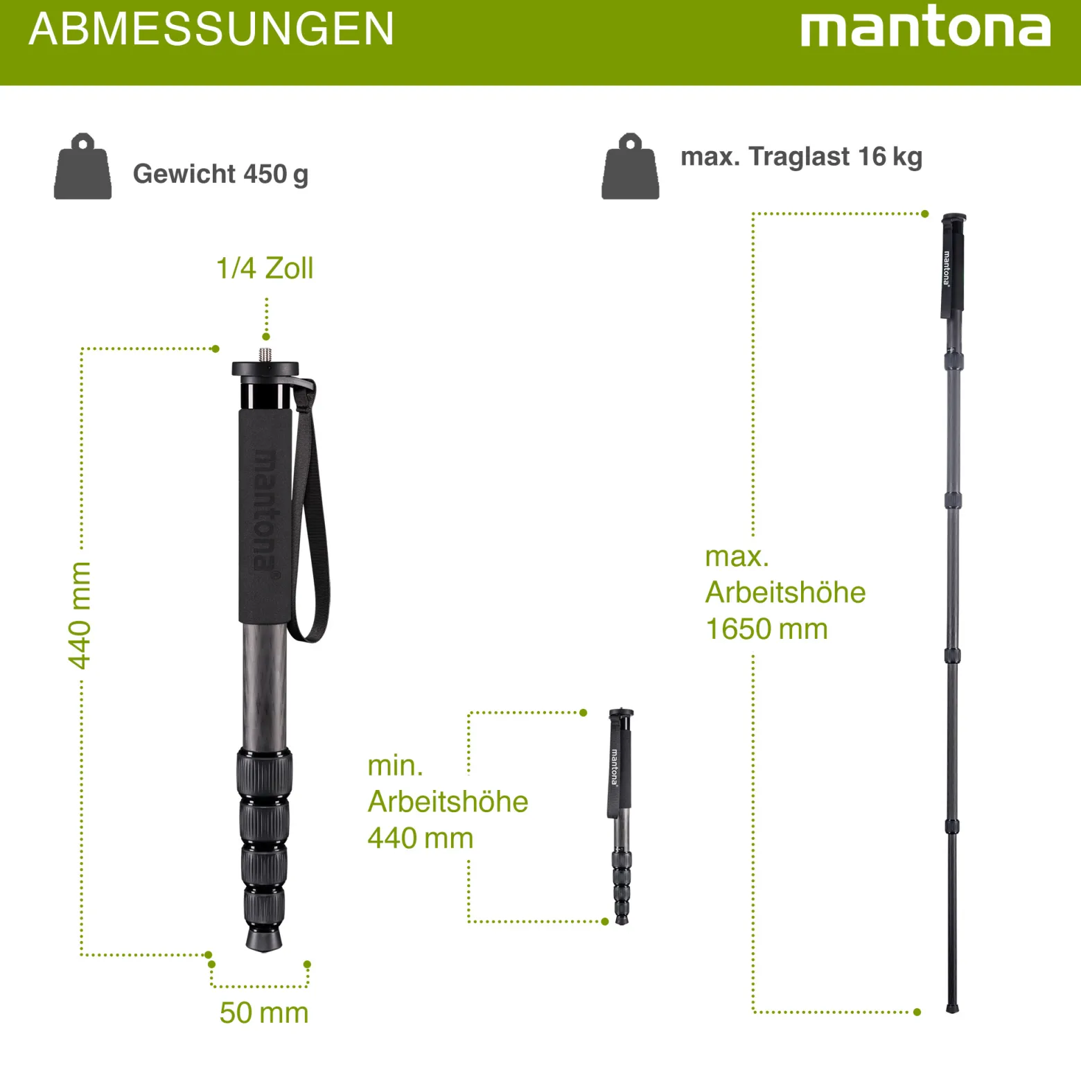 Mantona Einbeinstativ Pro ONE 165C aus ultraleichtem Carbon schwarz, Stativ höhenverstellbar 44-165 cm, praktische Schaumstoffummantelung & Handschlaufe, kompakt & belastbar mit Zubehör