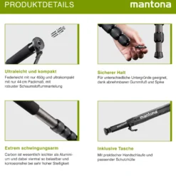 Mantona Einbeinstativ Pro ONE 165C aus ultraleichtem Carbon schwarz, Stativ höhenverstellbar 44-165 cm, praktische Schaumstoffummantelung & Handschlaufe, kompakt & belastbar mit Zubehör