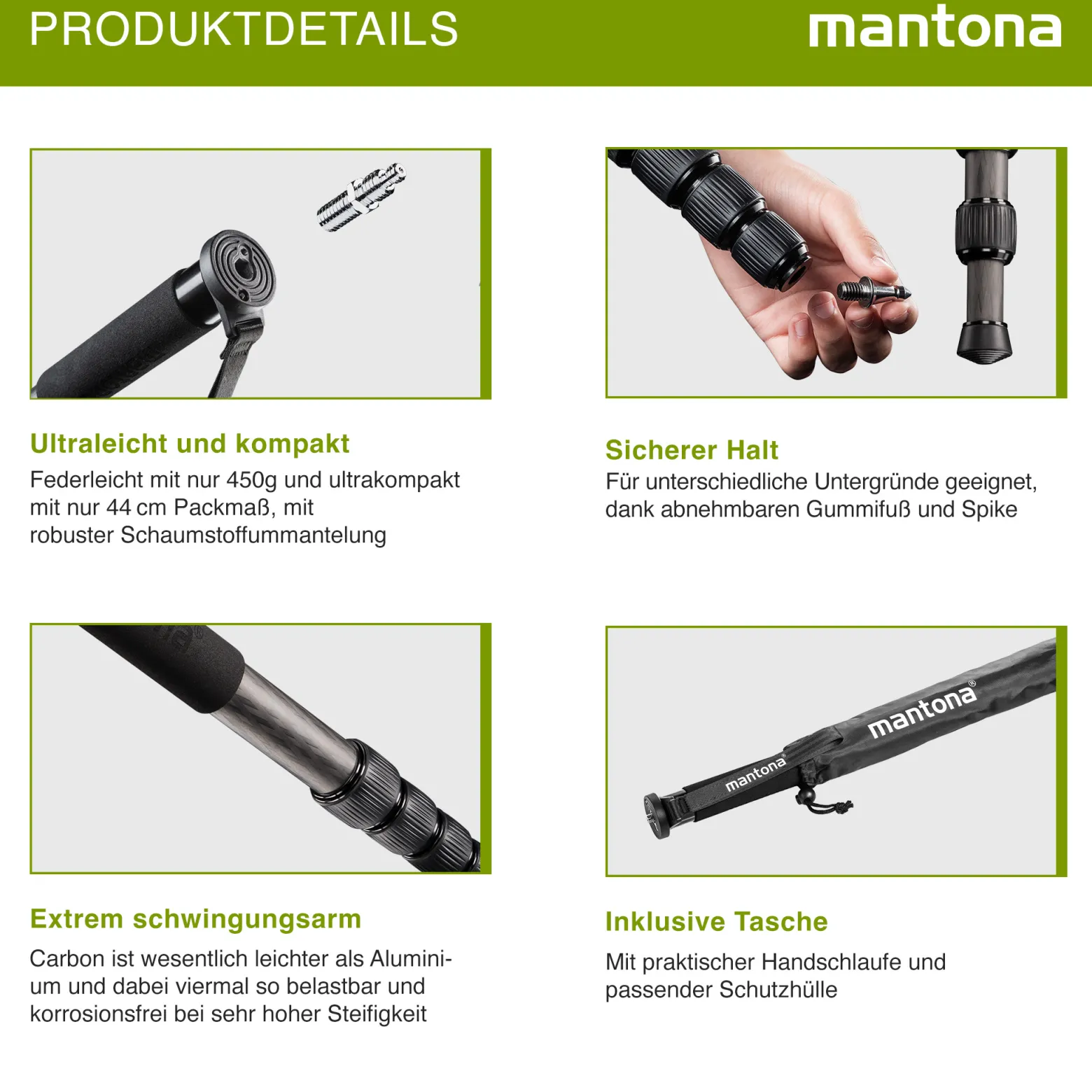 Mantona Einbeinstativ Pro ONE 165C aus ultraleichtem Carbon schwarz, Stativ höhenverstellbar 44-165 cm, praktische Schaumstoffummantelung & Handschlaufe, kompakt & belastbar mit Zubehör