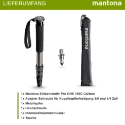 Mantona Einbeinstativ Pro ONE 165C aus ultraleichtem Carbon schwarz, Stativ höhenverstellbar 44-165 cm, praktische Schaumstoffummantelung & Handschlaufe, kompakt & belastbar mit Zubehör