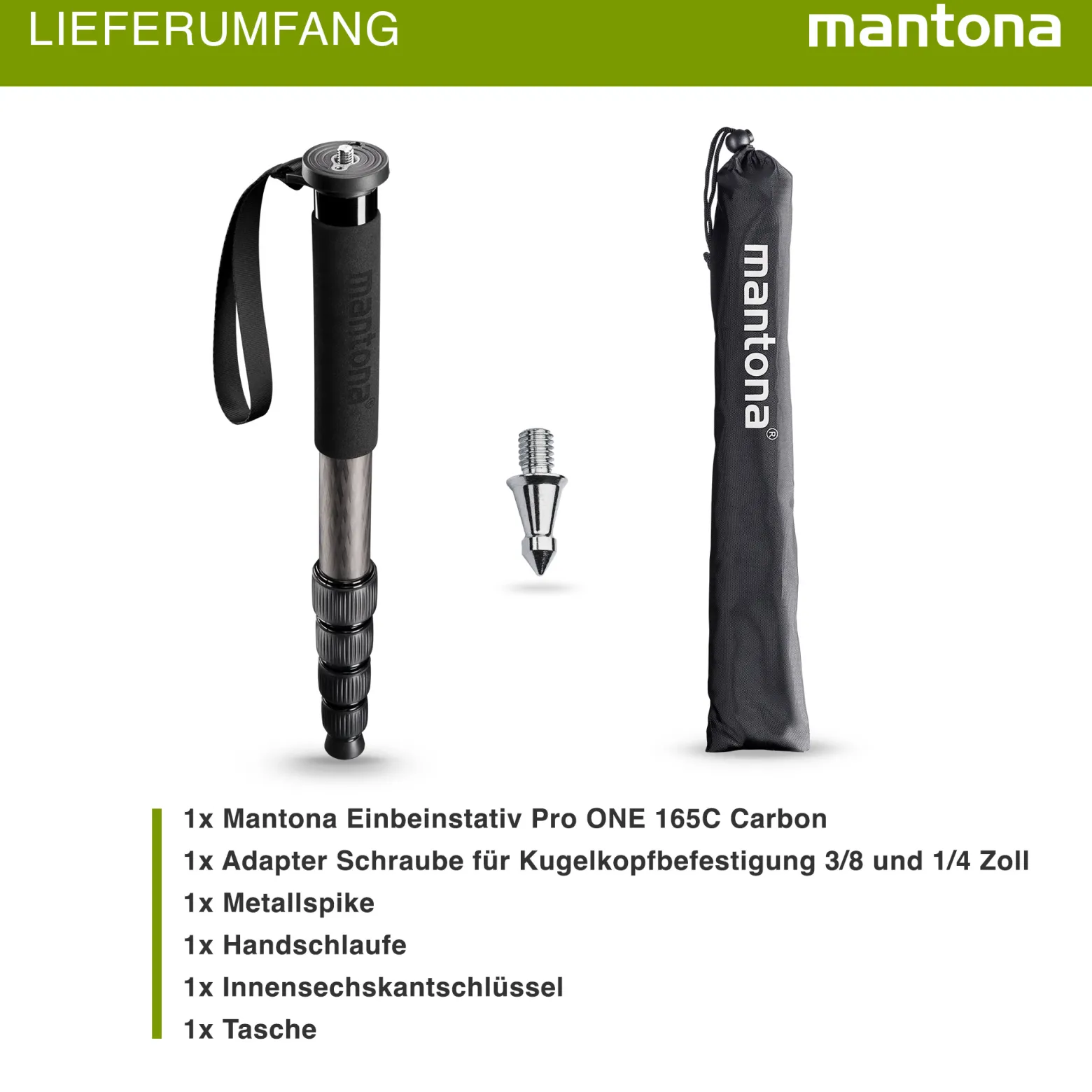 Mantona Einbeinstativ Pro ONE 165C aus ultraleichtem Carbon schwarz, Stativ höhenverstellbar 44-165 cm, praktische Schaumstoffummantelung & Handschlaufe, kompakt & belastbar mit Zubehör