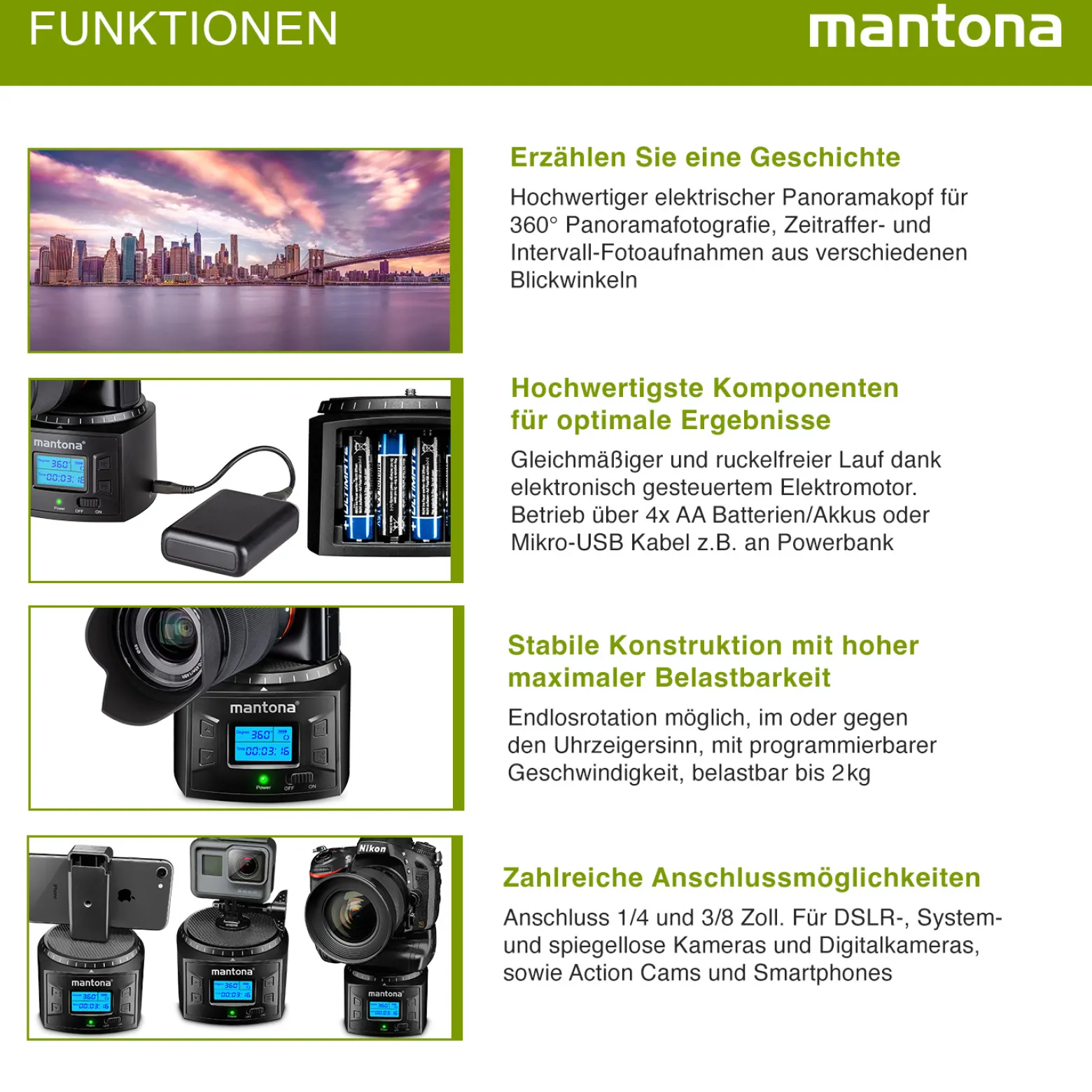 Mantona Elektrischer 360° Panoramakopf, Schwenkkopf mit Endlosrotation, Stativkopf für Panorama, Kamera Zubehör für GoPro Action-Kameras & Smartphones
