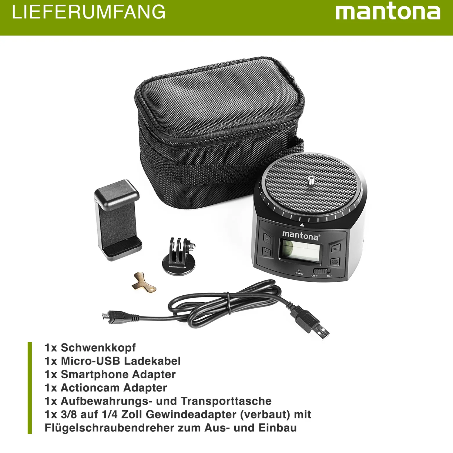Mantona Elektrischer 360° Panoramakopf, Schwenkkopf mit Endlosrotation, Stativkopf für Panorama, Kamera Zubehör für GoPro Action-Kameras & Smartphones