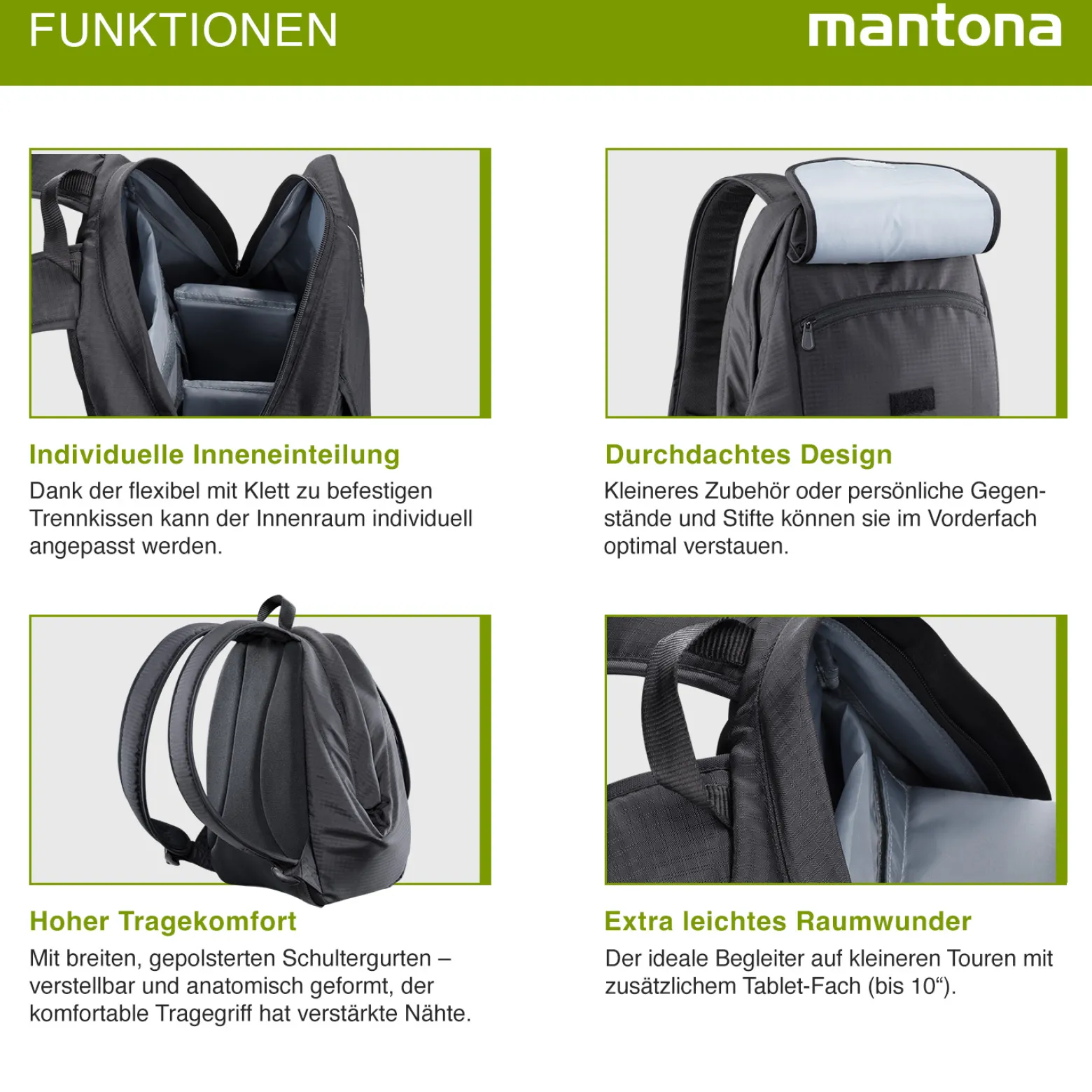 Mantona Elements 10 Outdoor Fotorucksack, leichter Kamerarucksack für DSLR & Systemkameras, Fototasche mit flexibler Innenaufteilung, Tablet-Fach, Organizer-Fach