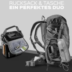 Mantona Elements Outdoor Rucksack schwarz - 2in1 Kamera- & Trekking-Rucksack, Fototasche mit gepolsterten Fächern für DSLR, Systemkamera & Drohne, Stativhalterung, inkl. Regenschutzhülle