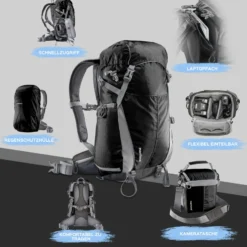 Mantona Elements Outdoor Rucksack schwarz - 2in1 Kamera- & Trekking-Rucksack, Fototasche mit gepolsterten Fächern für DSLR, Systemkamera & Drohne, Stativhalterung, inkl. Regenschutzhülle