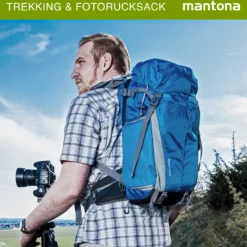 Mantona Elements Outdoor Rucksack blau - 2in1 Kamera- & Trekking-Rucksack, Fototasche mit gepolsterten Fächern für DSLR, Systemkamera & Drohne, Stativhalterung, inkl. Regenschutzhülle