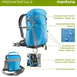 Mantona Elements Outdoor Rucksack blau - 2in1 Kamera- & Trekking-Rucksack, Fototasche mit gepolsterten Fächern für DSLR, Systemkamera & Drohne, Stativhalterung, inkl. Regenschutzhülle