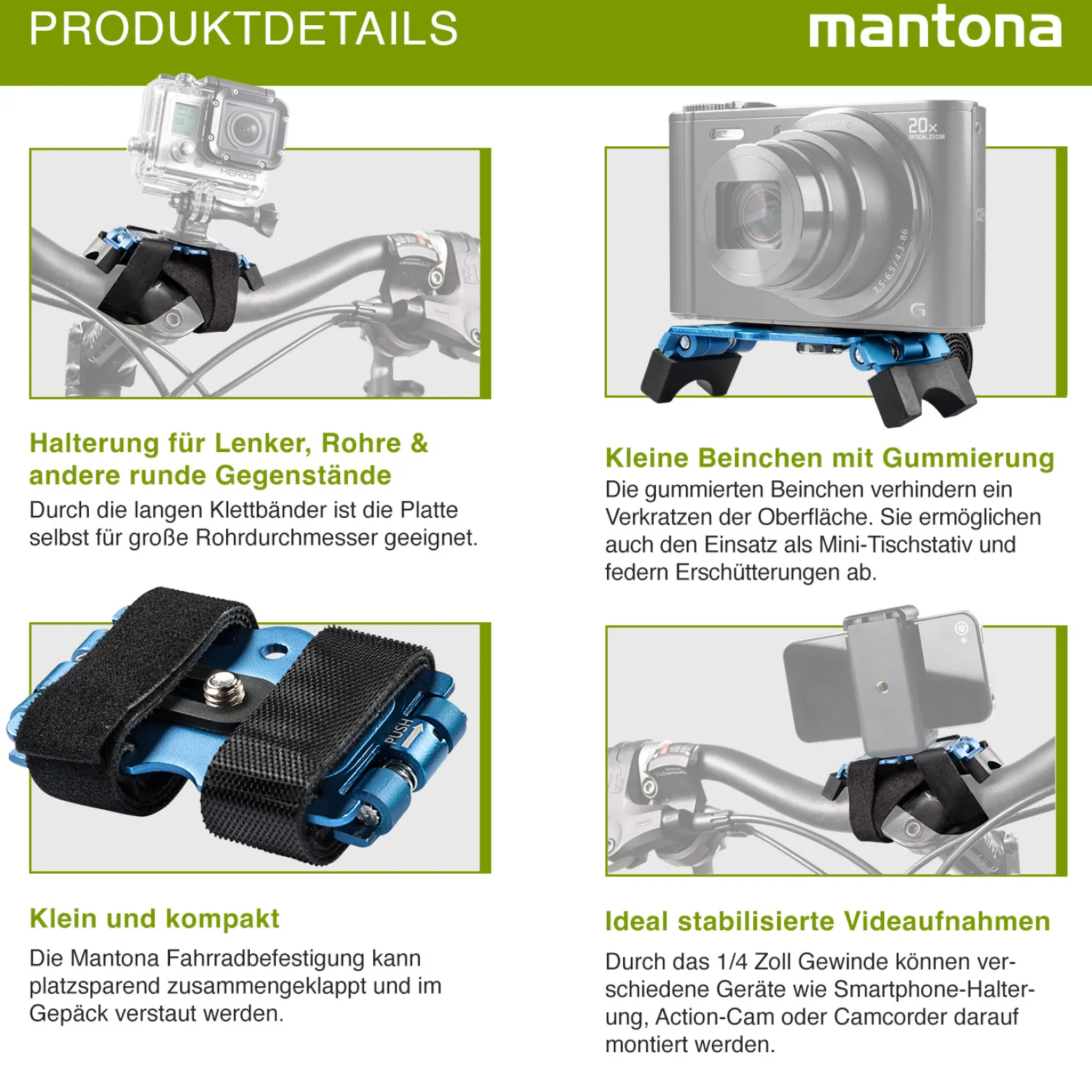 Mantona Fahrradbefestigung und Tischstativ - 65 x 40 x 20 mm - 1/4" / Alu - kompatibel mit GoPro Hero 11 10 9 8 7 6 5 4 3+ 3 2 1, Session und andere Action Cams, Kompaktkamera, Smartphone