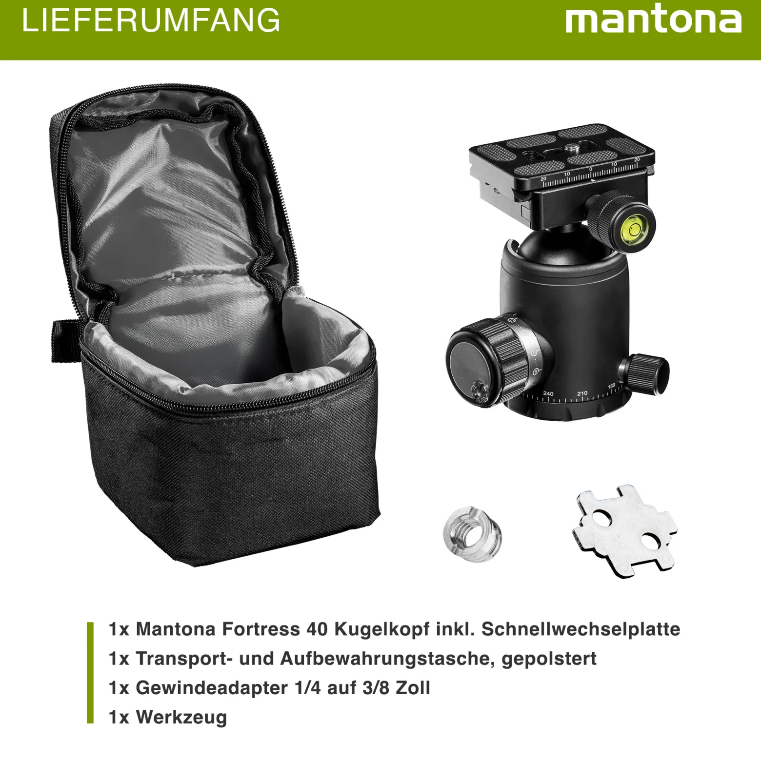 Mantona Fortress Kugelkopf 40 mm bis 15 kg, Stativkopf mit 360° Panorama-Funktion & 3 Wasserwaagen, inkl. Schnellwechselplatte und Friktionswegkontrolle