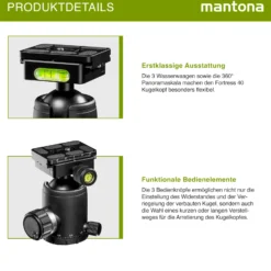 Mantona Fortress Kugelkopf 40 mm bis 15 kg, Stativkopf mit 360° Panorama-Funktion & 3 Wasserwaagen, inkl. Schnellwechselplatte und Friktionswegkontrolle