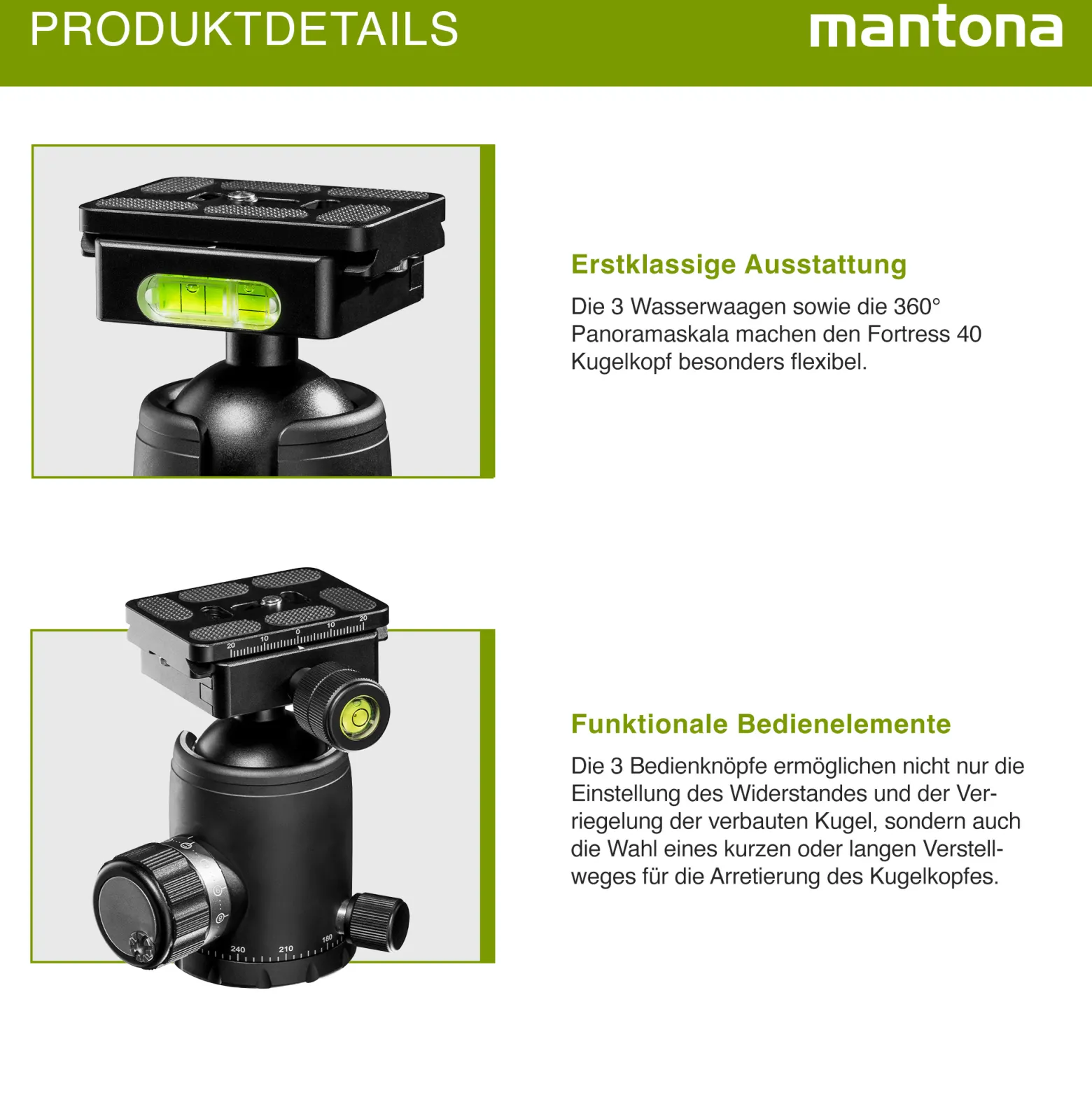 Mantona Fortress Kugelkopf 40 mm bis 15 kg, Stativkopf mit 360° Panorama-Funktion & 3 Wasserwaagen, inkl. Schnellwechselplatte und Friktionswegkontrolle