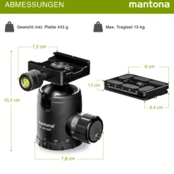 Mantona Fortress Kugelkopf 40 mm bis 15 kg, Stativkopf mit 360° Panorama-Funktion & 3 Wasserwaagen, inkl. Schnellwechselplatte und Friktionswegkontrolle