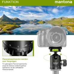 Mantona Fortress Kugelkopf 40 mm bis 15 kg, Stativkopf mit 360° Panorama-Funktion & 3 Wasserwaagen, inkl. Schnellwechselplatte und Friktionswegkontrolle