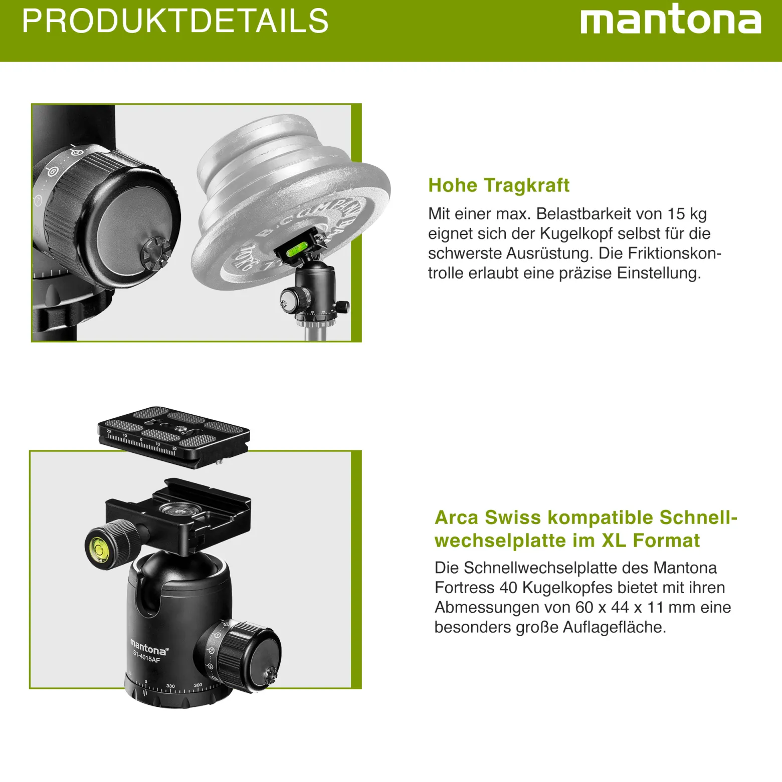 Mantona Fortress Kugelkopf 40 mm bis 15 kg, Stativkopf mit 360° Panorama-Funktion & 3 Wasserwaagen, inkl. Schnellwechselplatte und Friktionswegkontrolle