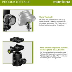 Mantona Fortress Kugelkopf 34 mm bis 10 kg, Stativkopf mit 360° Panorama-Funktion & 3 Wasserwaagen, inkl. Schnellwechselplatte und Friktionswegkontrolle