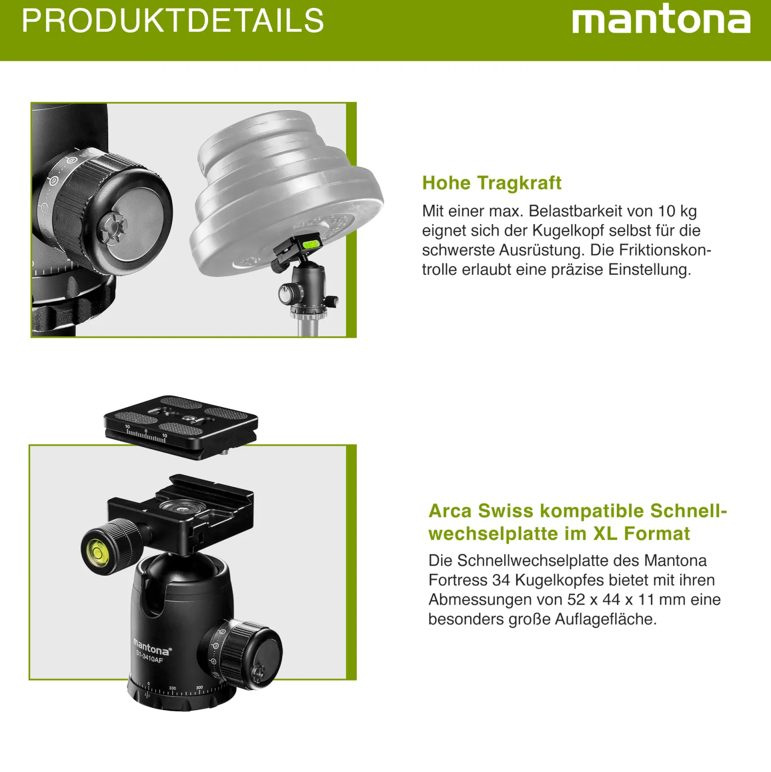 Mantona Fortress Kugelkopf 34 mm bis 10 kg, Stativkopf mit 360° Panorama-Funktion & 3 Wasserwaagen, inkl. Schnellwechselplatte und Friktionswegkontrolle