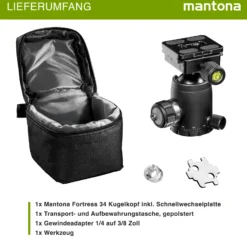 Mantona Fortress Kugelkopf 34 mm bis 10 kg, Stativkopf mit 360° Panorama-Funktion & 3 Wasserwaagen, inkl. Schnellwechselplatte und Friktionswegkontrolle