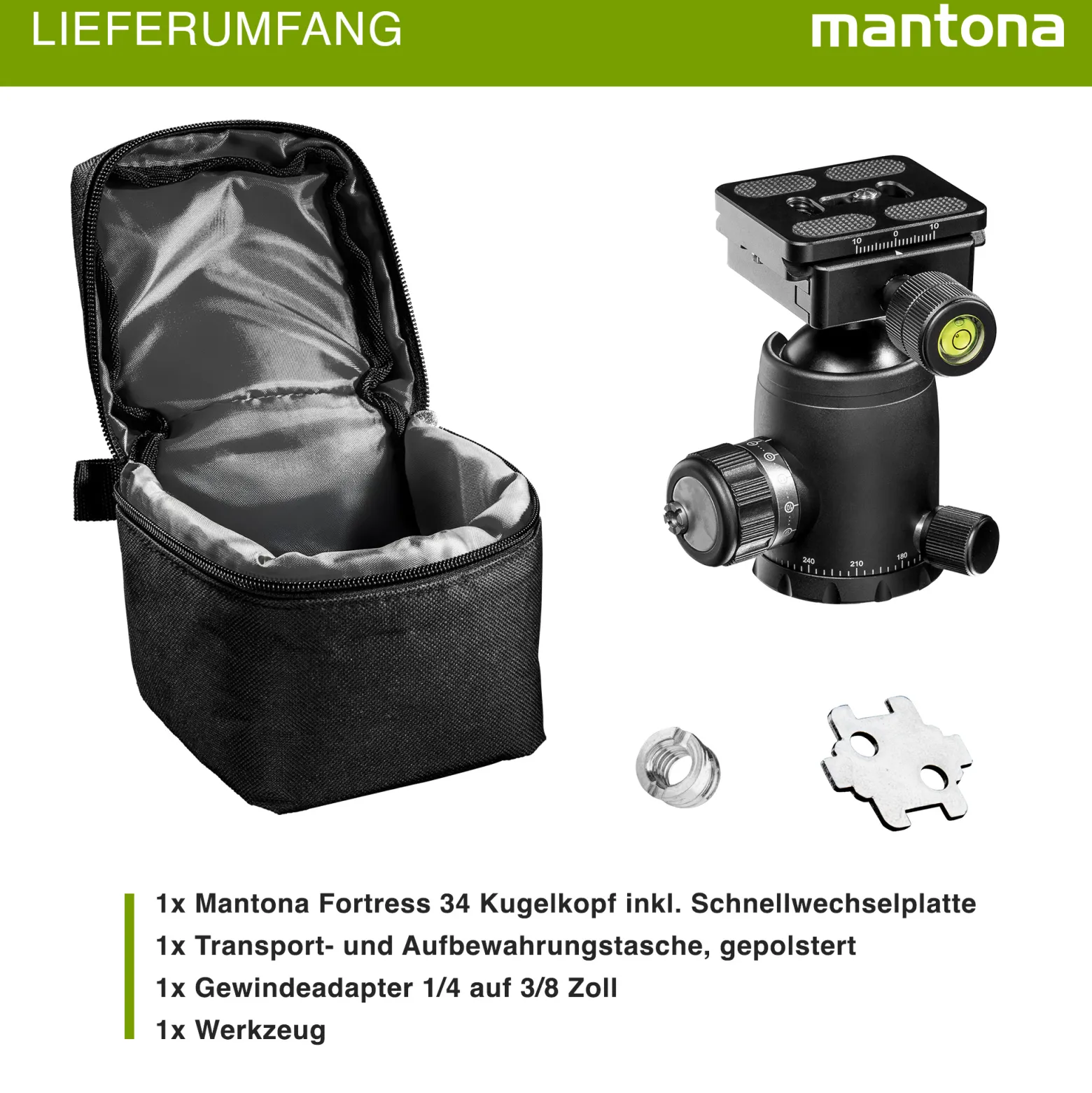 Mantona Fortress Kugelkopf 34 mm bis 10 kg, Stativkopf mit 360° Panorama-Funktion & 3 Wasserwaagen, inkl. Schnellwechselplatte und Friktionswegkontrolle