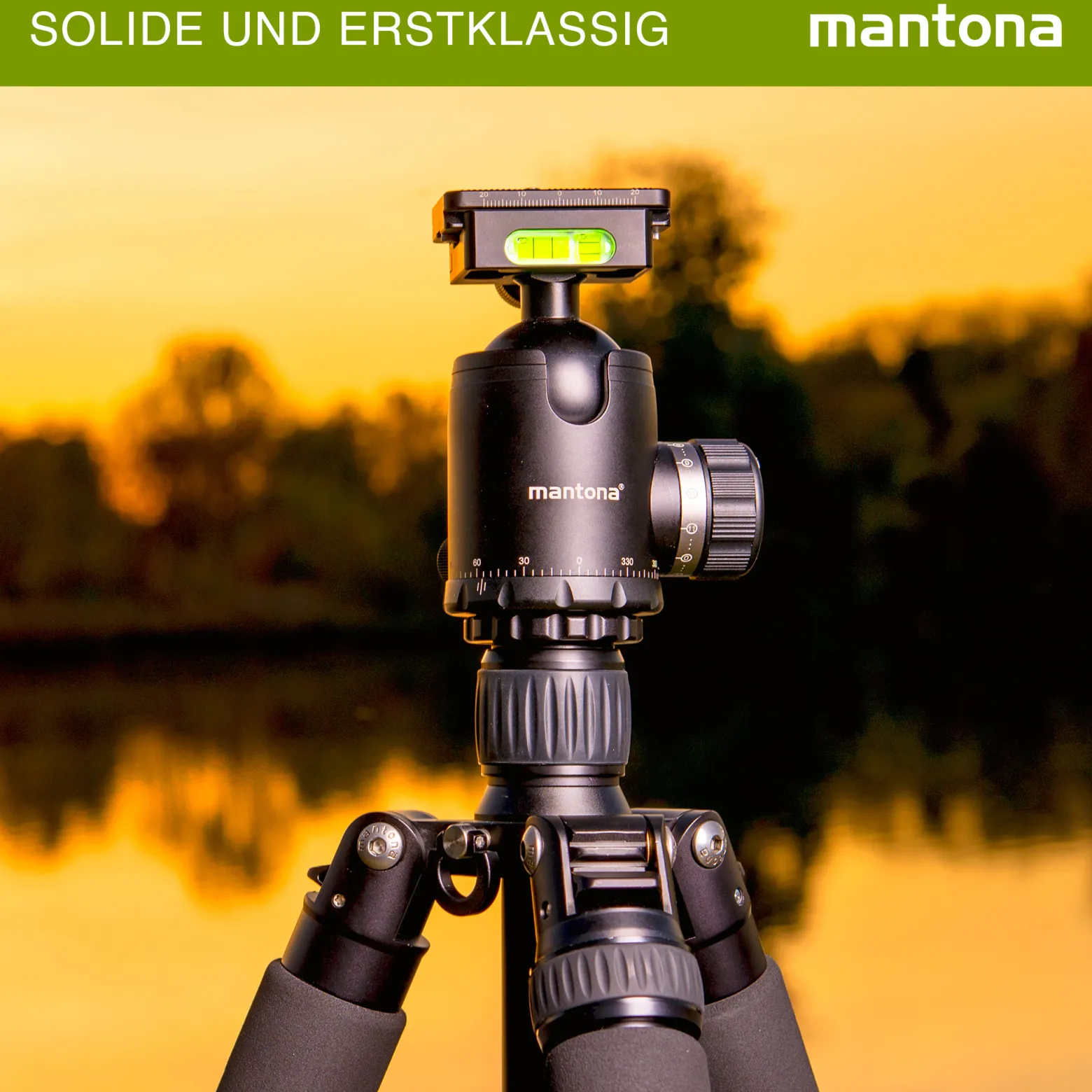 Mantona Fortress Kugelkopf 34 mm bis 10 kg, Stativkopf mit 360° Panorama-Funktion & 3 Wasserwaagen, inkl. Schnellwechselplatte und Friktionswegkontrolle