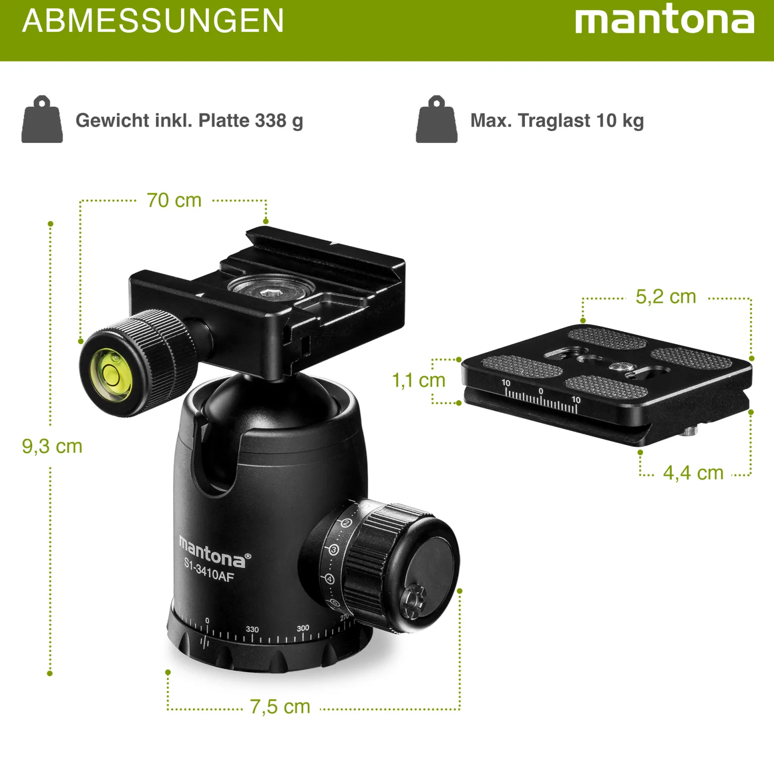 Mantona Fortress Kugelkopf 34 mm bis 10 kg, Stativkopf mit 360° Panorama-Funktion & 3 Wasserwaagen, inkl. Schnellwechselplatte und Friktionswegkontrolle