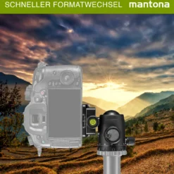 Mantona Fortress Kugelkopf 34 mm bis 10 kg, Stativkopf mit 360° Panorama-Funktion & 3 Wasserwaagen, inkl. Schnellwechselplatte und Friktionswegkontrolle