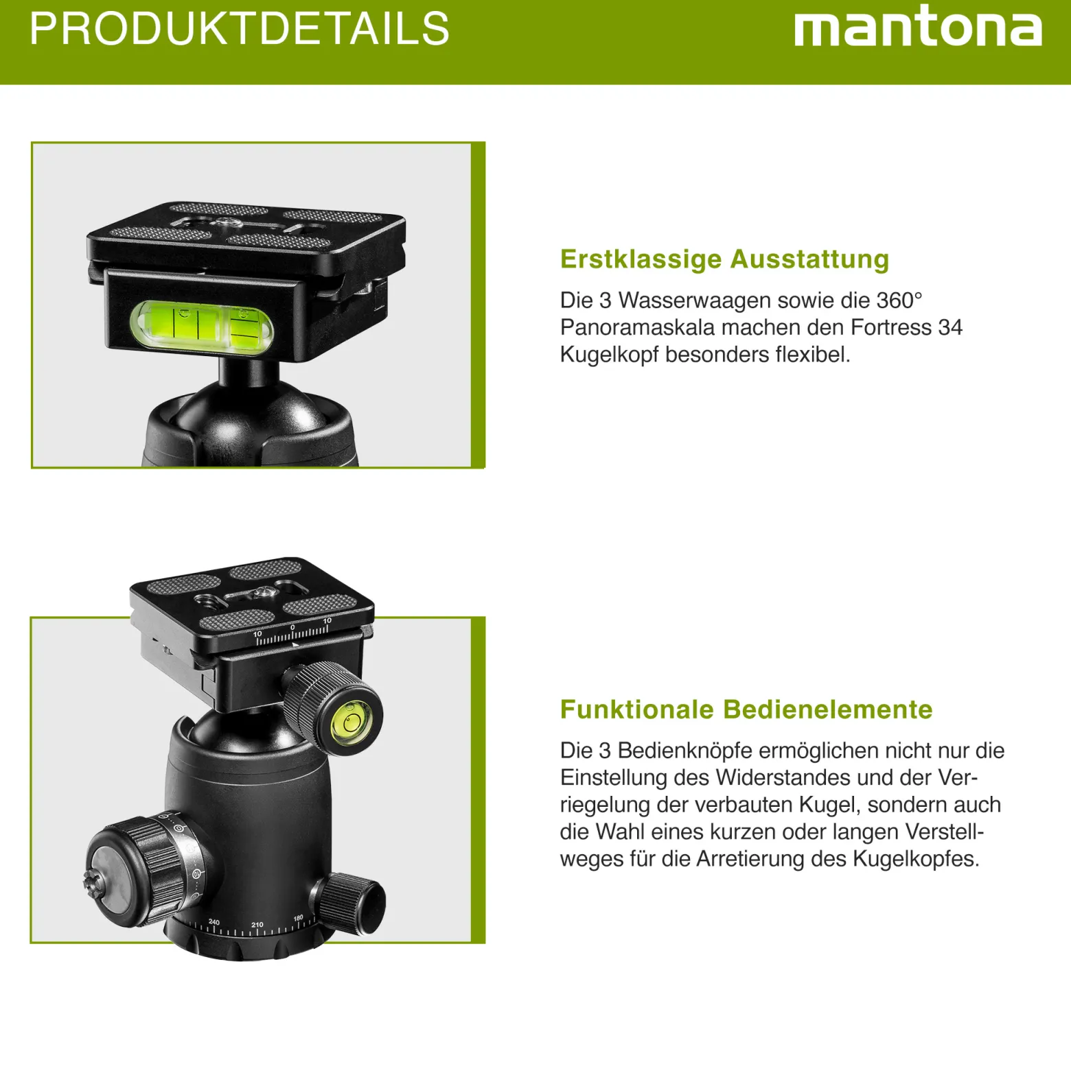 Mantona Fortress Kugelkopf 34 mm bis 10 kg, Stativkopf mit 360° Panorama-Funktion & 3 Wasserwaagen, inkl. Schnellwechselplatte und Friktionswegkontrolle