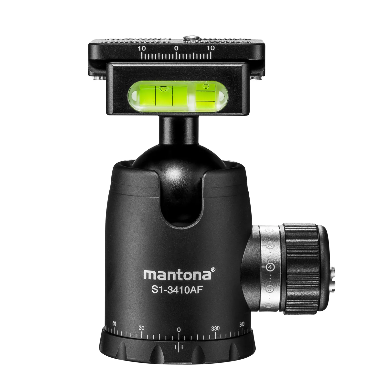 Mantona Fortress Kugelkopf 34 mm bis 10 kg, Stativkopf mit 360° Panorama-Funktion & 3 Wasserwaagen, inkl. Schnellwechselplatte und Friktionswegkontrolle