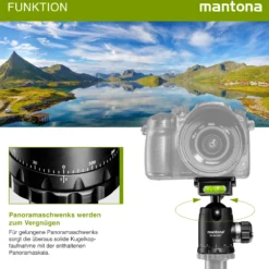Mantona Fortress Kugelkopf 34 mm bis 10 kg, Stativkopf mit 360° Panorama-Funktion & 3 Wasserwaagen, inkl. Schnellwechselplatte und Friktionswegkontrolle