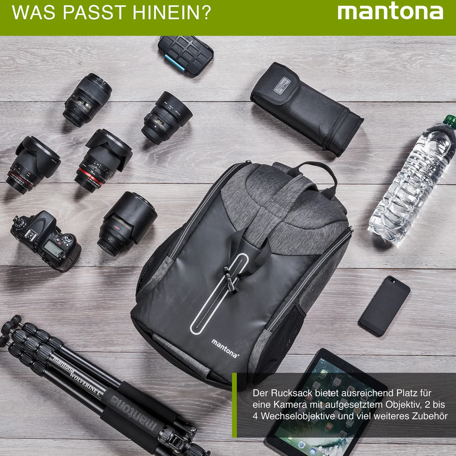 Mantona Fotorucksack Tallinn anthrazit für DSLR und Systemkamera, Kamerarucksack mit Stativhalterung und Regenschutz, Fototasche mit flexibler Innenaufteilung für Kamera, Objektive und Zubehör