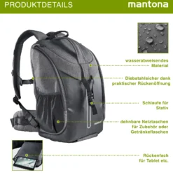 Mantona Fotorucksack Tallinn anthrazit für DSLR und Systemkamera, Kamerarucksack mit Stativhalterung und Regenschutz, Fototasche mit flexibler Innenaufteilung für Kamera, Objektive und Zubehör
