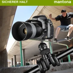 Mantona Gibbo Flex Ministativ 30 cm, Kamera Stativ mit flexiblen Beinen, Dreibein Reisestativ mit 360° Kugelkopf, Smartphonehalterung und Halterung kompatibel mit GoPro