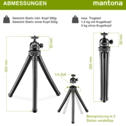 Mantona Gibbo Flex Ministativ 30 cm, Kamera Stativ mit flexiblen Beinen, Dreibein Reisestativ mit 360° Kugelkopf, Smartphonehalterung und Halterung kompatibel mit GoPro
