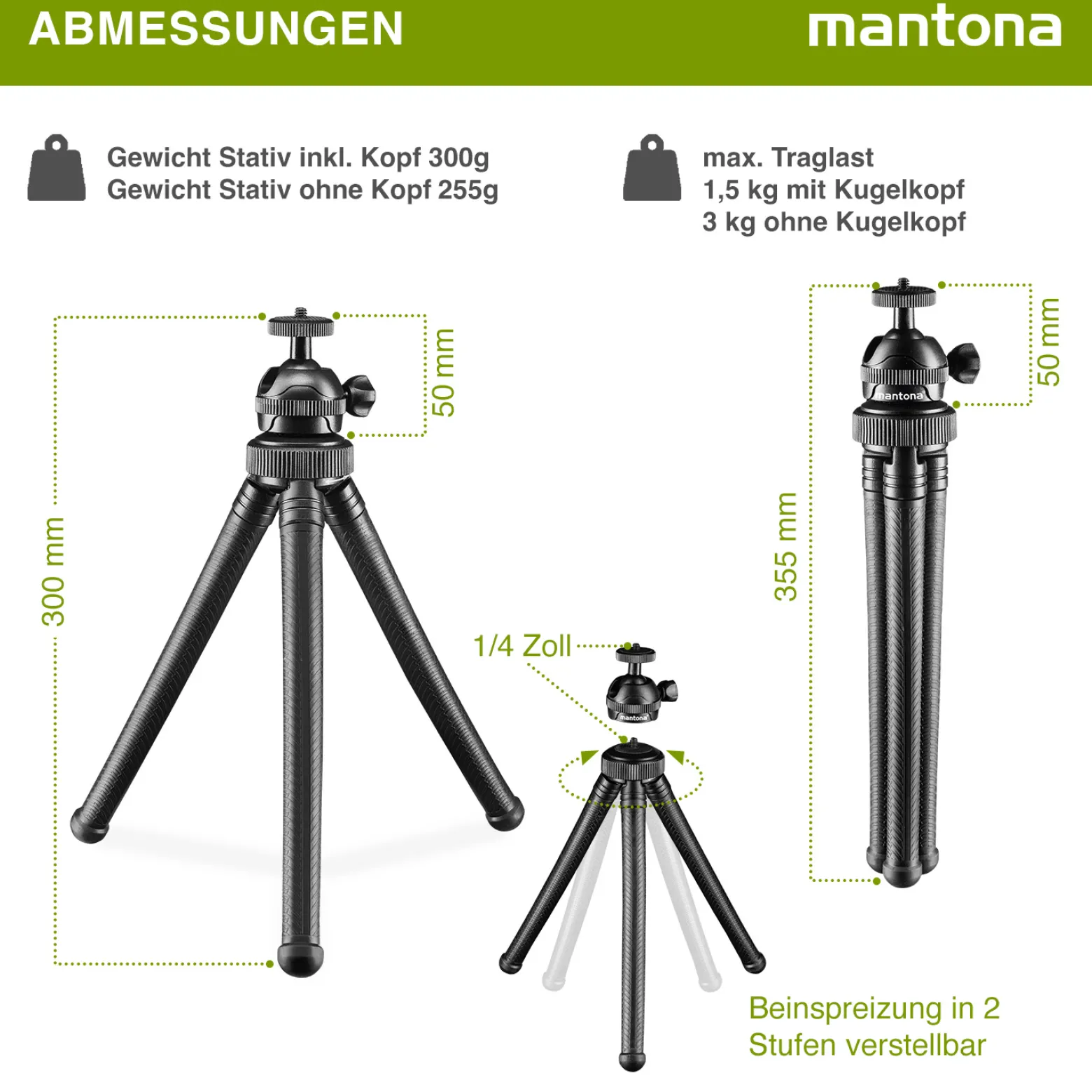 Mantona Gibbo Flex Ministativ 30 cm, Kamera Stativ mit flexiblen Beinen, Dreibein Reisestativ mit 360° Kugelkopf, Smartphonehalterung und Halterung kompatibel mit GoPro