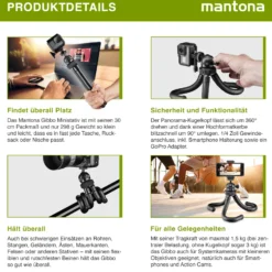 Mantona Gibbo Flex Ministativ 30 cm, Kamera Stativ mit flexiblen Beinen, Dreibein Reisestativ mit 360° Kugelkopf, Smartphonehalterung und Halterung kompatibel mit GoPro