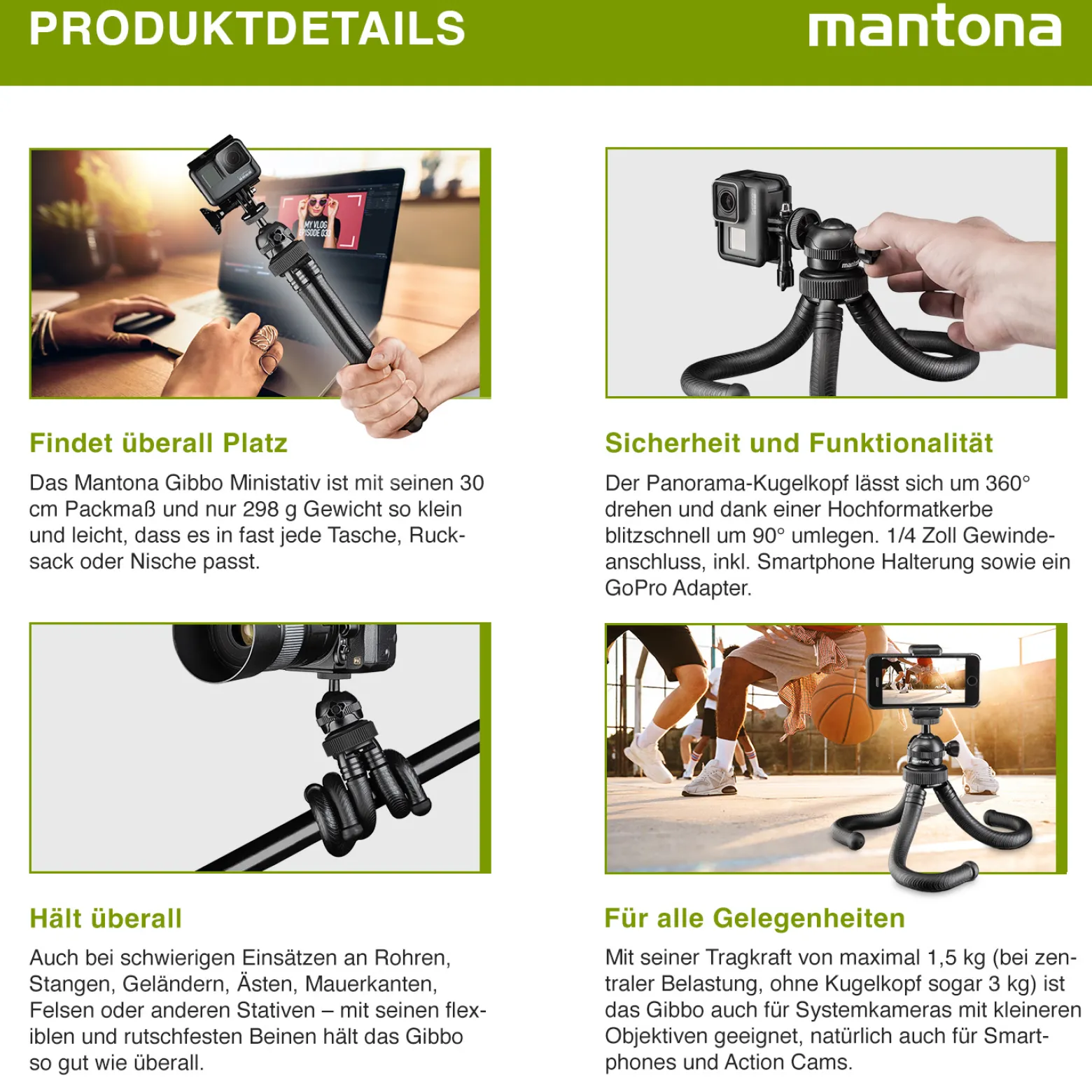 Mantona Gibbo Flex Ministativ 30 cm, Kamera Stativ mit flexiblen Beinen, Dreibein Reisestativ mit 360° Kugelkopf, Smartphonehalterung und Halterung kompatibel mit GoPro