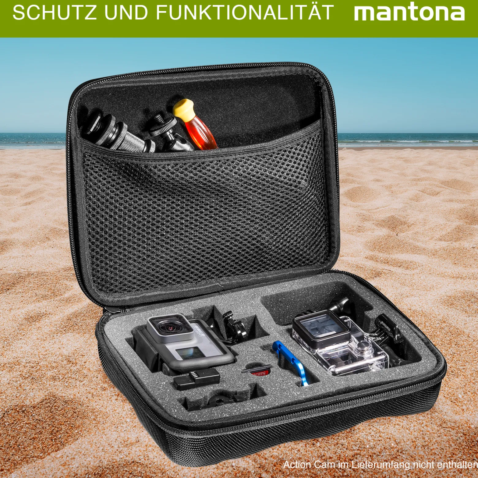Mantona Hardcase Tasche kompatibel mit GoPro Action Cam 11 10 9 8 7 – robustes Schutzhülle mit Schaumstoff-Inlay, vorgestanzten Fächern & Deckelfach
