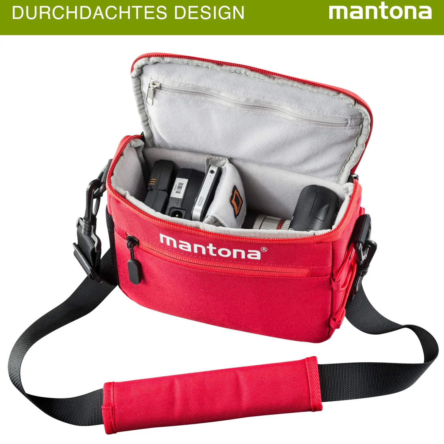 Mantona Irit Kameratasche, hochwertige Fototasche für Systemkameras, Umhängetasche für Kamera und Zubehör, Tragetasche mit variabler Inneneinteilung und Seitenfächer