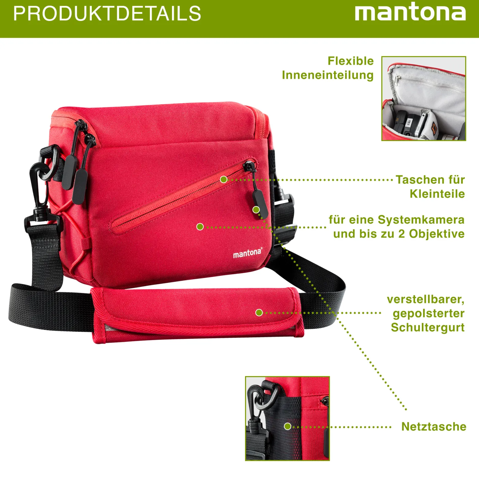 Mantona Irit Kameratasche, hochwertige Fototasche für Systemkameras, Umhängetasche für Kamera und Zubehör, Tragetasche mit variabler Inneneinteilung und Seitenfächer
