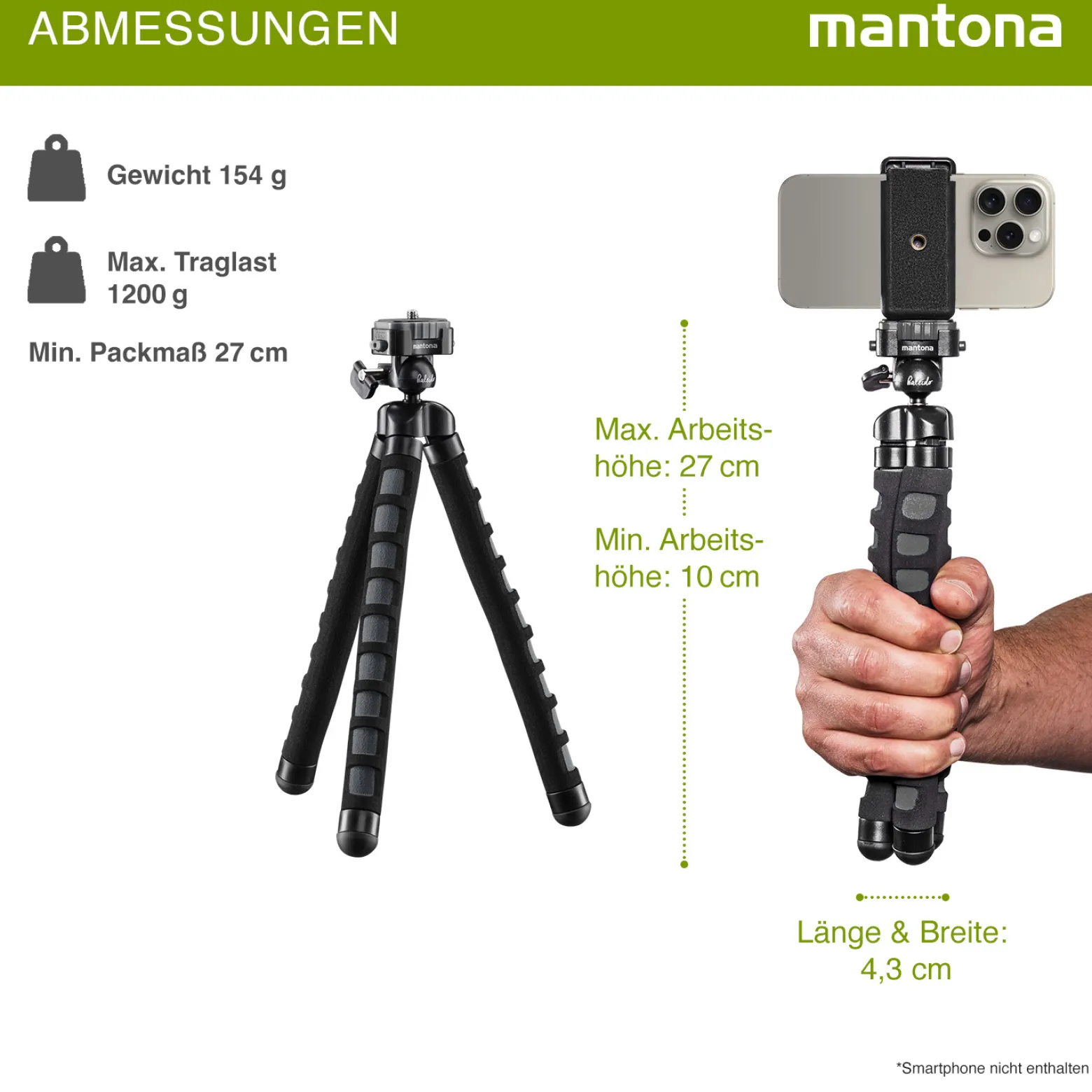Mantona Kaleido Flex Stativ deep grey - 270 x 43 x 43 mm - flexibel biegbar - mit Kugelkopf und Schnellwechselplatte - Reisestativ Travelstativ passend für Kameras, Smartphones, Action Cams