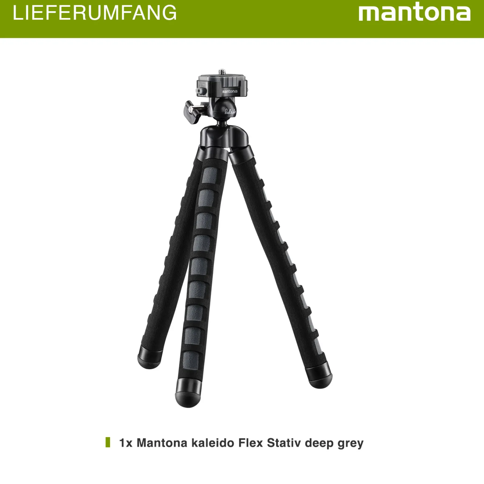 Mantona Kaleido Flex Stativ deep grey - 270 x 43 x 43 mm - flexibel biegbar - mit Kugelkopf und Schnellwechselplatte - Reisestativ Travelstativ passend für Kameras, Smartphones, Action Cams