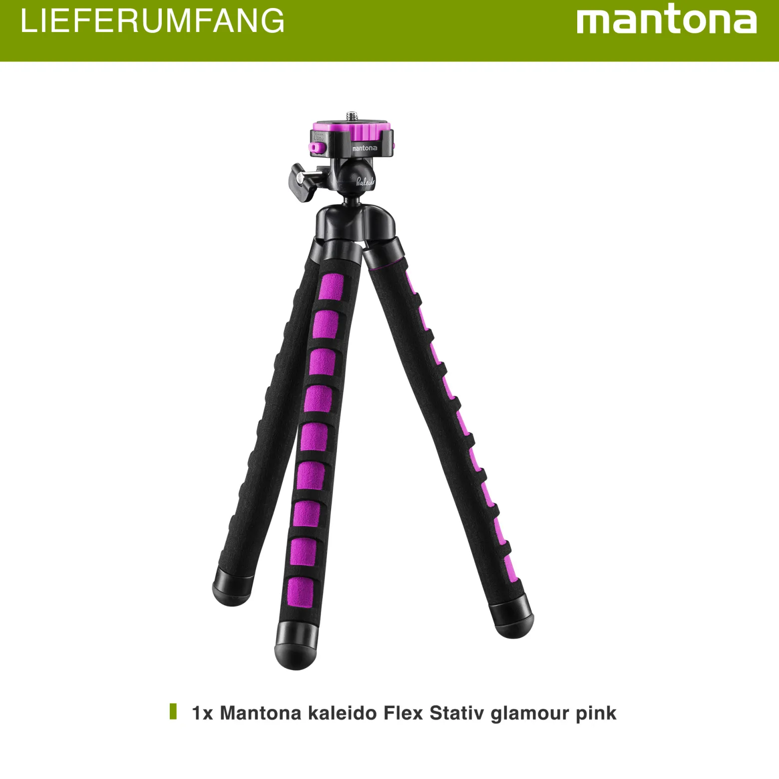 Mantona Kaleido Flex Stativ glamour pink - 270 x 43 x 43 mm - flexibel biegbar - mit Kugelkopf und Schnellwechselplatte - Reisestativ Travelstativ passend für Kameras, Smartphones, Action Cams