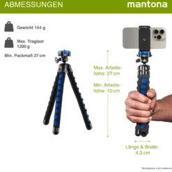Mantona Kaleido Flex Stativ ocean blue - 270 x 43 x 43 mm - flexibel biegbar - mit Kugelkopf und Schnellwechselplatte - Reisestativ Travelstativ passend für Kameras, Smartphones, Action Cams