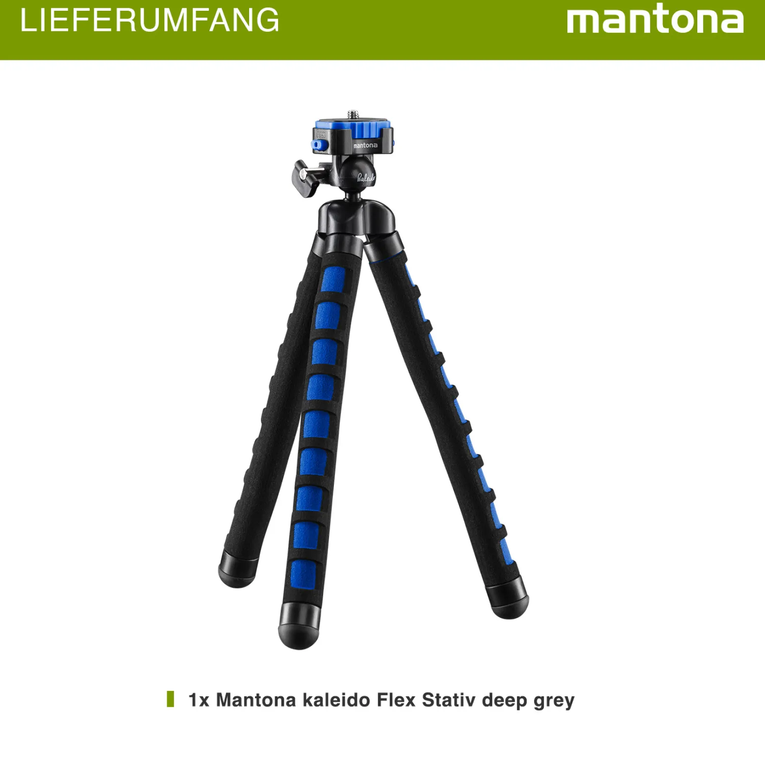 Mantona Kaleido Flex Stativ ocean blue - 270 x 43 x 43 mm - flexibel biegbar - mit Kugelkopf und Schnellwechselplatte - Reisestativ Travelstativ passend für Kameras, Smartphones, Action Cams