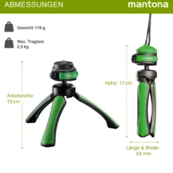 Mantona Kaleido Gaia Stativ lime green - 170 x 54 x 54 mm / Traglast max. 2,5 kg - kompaktes 3-Bein-Stativ, 360° Kugelkopf, 1/4