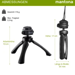 Mantona Kaleido Gaia Stativ night black - 170 x 54 x 54 mm / Traglast max. 2,5 kg - kompaktes 3-Bein-Stativ, 360° Kugelkopf, 1/4" Anschluss, Wasserwaage, Schlaufe - Fotografie Studio