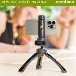 Mantona Kaleido Gaia Stativ night black - 170 x 54 x 54 mm / Traglast max. 2,5 kg - kompaktes 3-Bein-Stativ, 360° Kugelkopf, 1/4