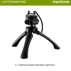 Mantona Kaleido Gaia Stativ night black - 170 x 54 x 54 mm / Traglast max. 2,5 kg - kompaktes 3-Bein-Stativ, 360° Kugelkopf, 1/4