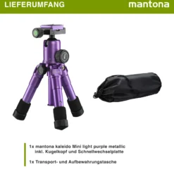 Mantona Kaleido Mini Tischstativ in light purple metallic Reisestativ inkl. Kugelkopf mit Schnellwechselplatte und Transporttasche